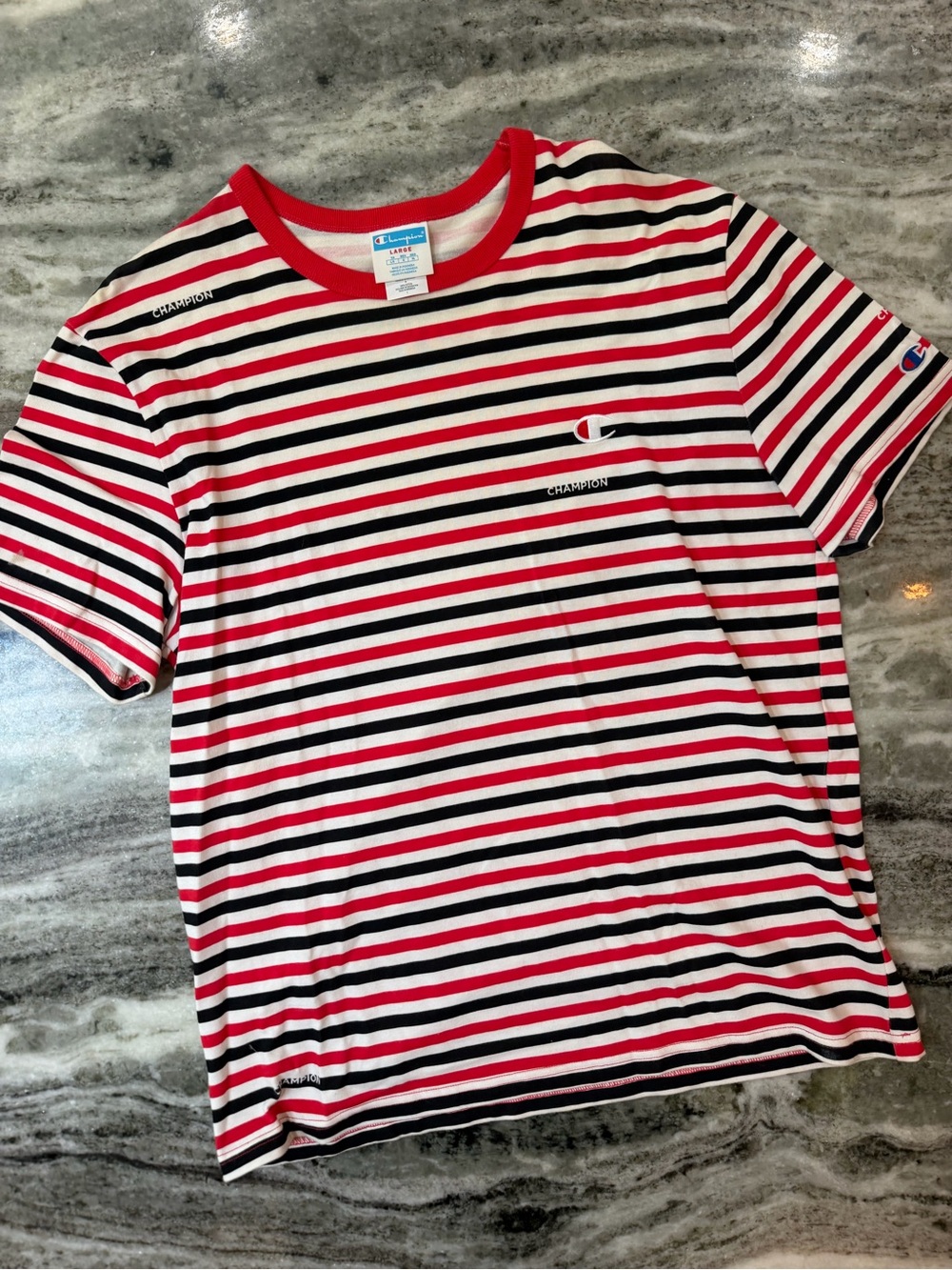 Champion Red White Black Striped Crewneck Tee